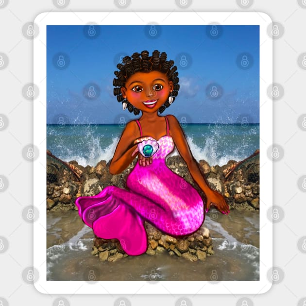 Mermaid Anime mermaid holding a rare black pearl,Afro hair in Bantu knots  and caramel brown skin - light background Sticker by Artonmytee